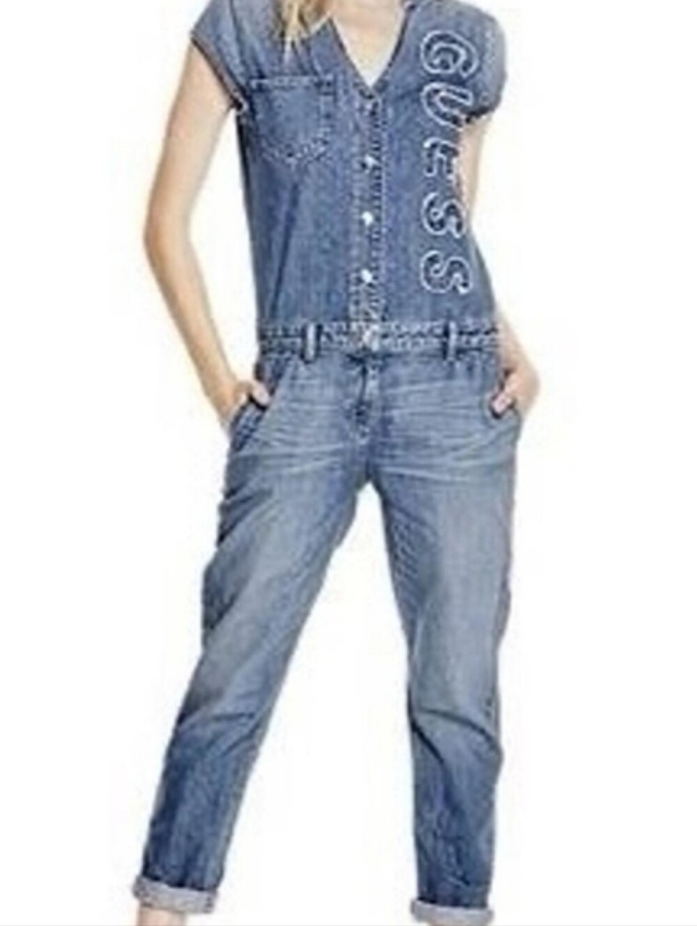 Guess Vtg Light Blue Denim Overall Logo Boho Boiler Jumpsuit Sz M Cap Sleeves